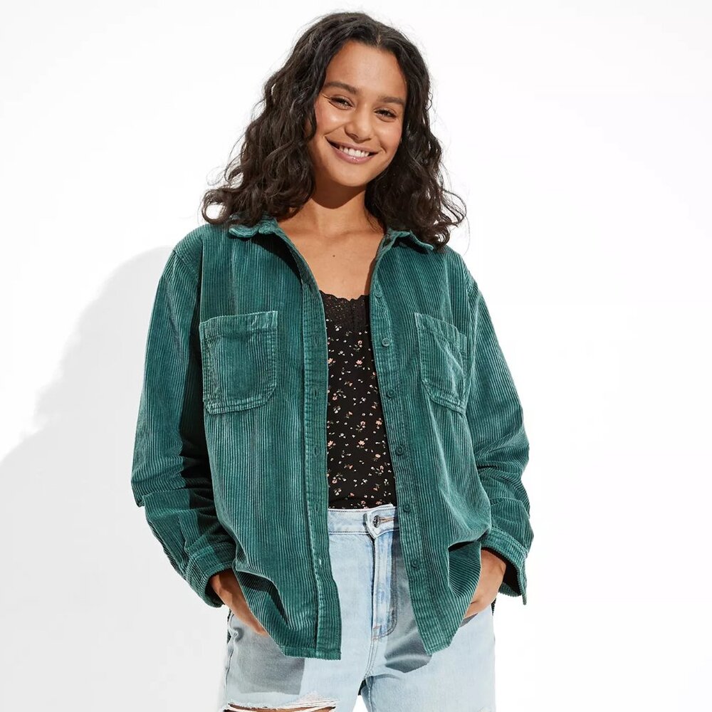 American Eagle Emerald Green Corduroy Shacket | Size Medium